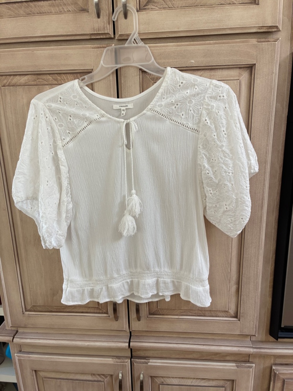 Maurices White Eyelet Puff Sleeve Tassel Tie Blouse